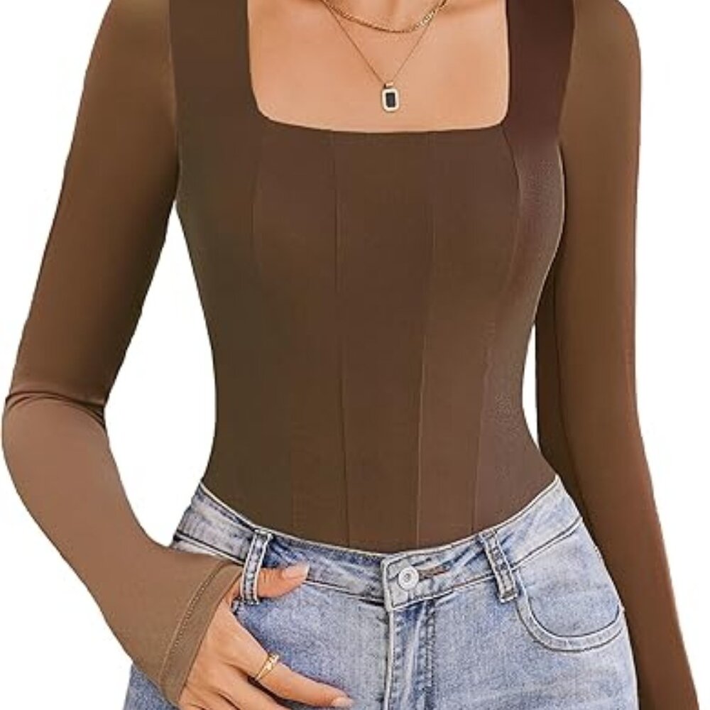 Long Sleeve Bodysuits Square Neck Piece Body Suit Mesh Tops size:XL